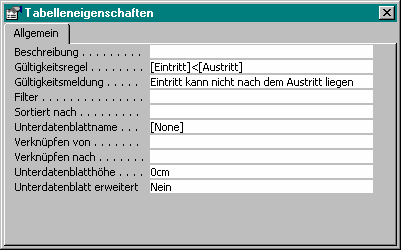 Tabelleneigenschaften zur Einstellung von Gültigkeitsregeln auf Datensatzebene